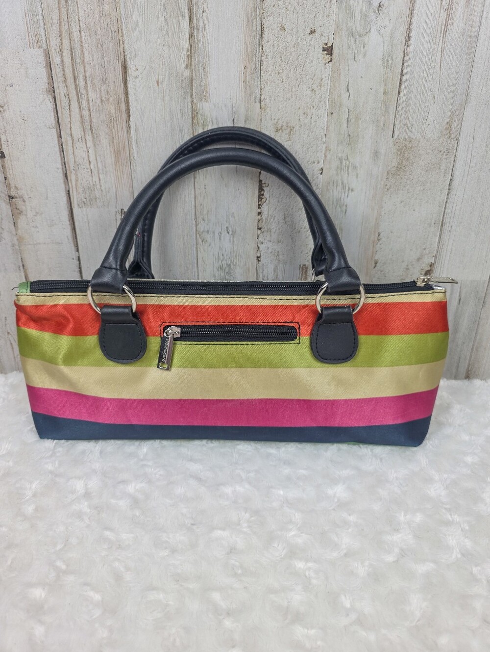 Primeware Insulated Wine Clutch in a multicolored striped pattern.